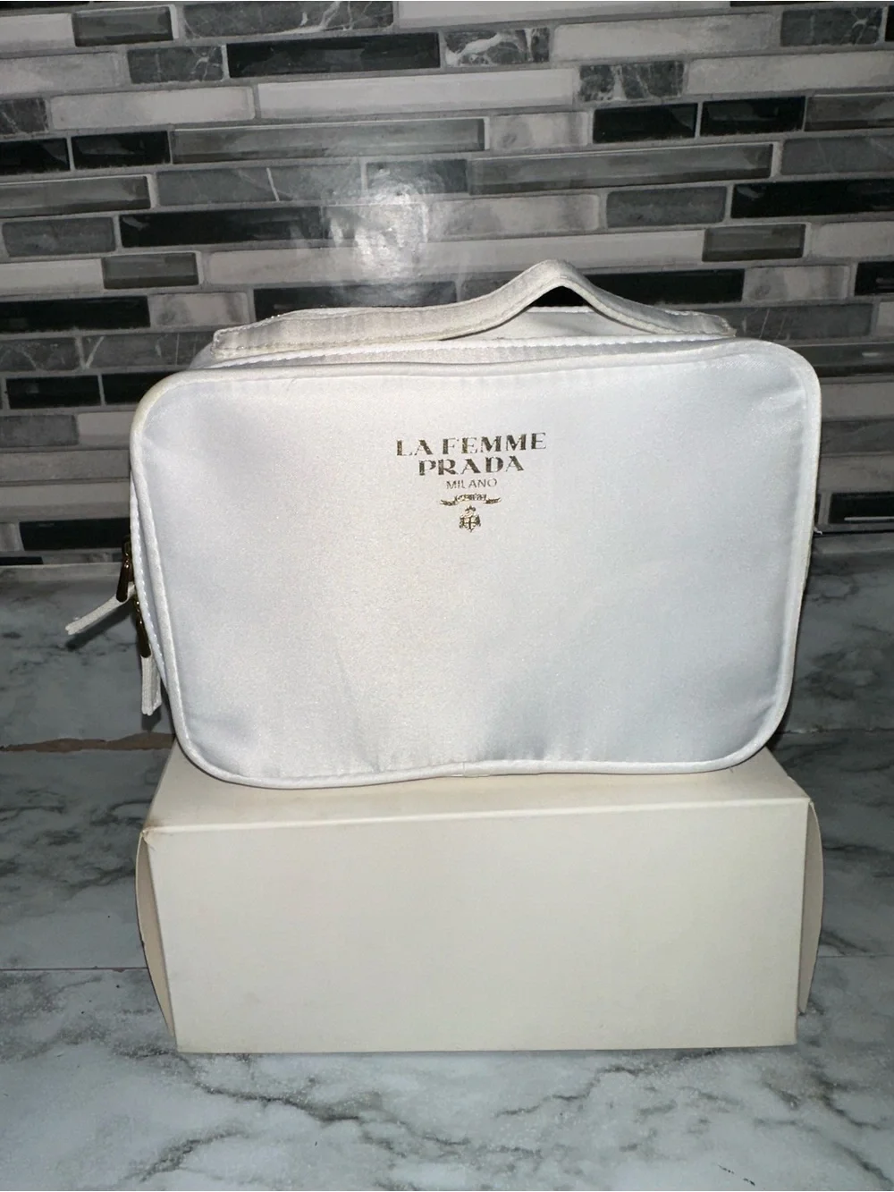 Prada White La Femme Milano Cosmetic Pouch with Gold Accents